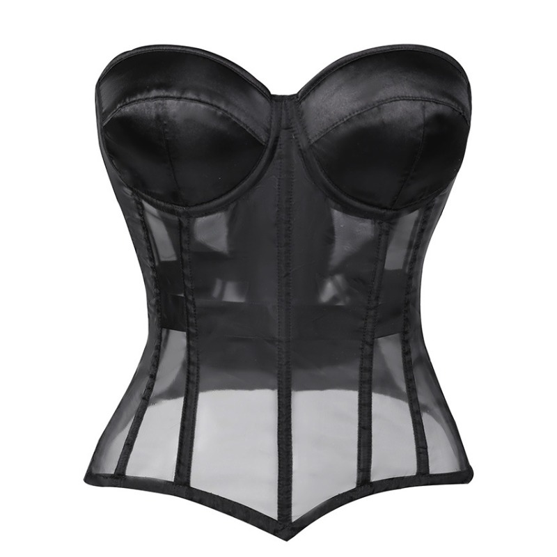 Corset Waist Cinch - เสื้อครอปเซ็ทตาข่ายสีดำแบบไร้สายสำหรับผู้หญิง ช่วยรัดเอวและกระชับสัดส่วน